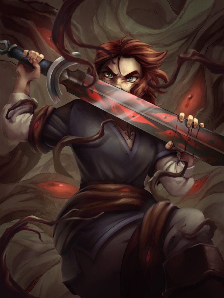illustration of a redhaired woman with a sword. She is fighting against creepy branches
