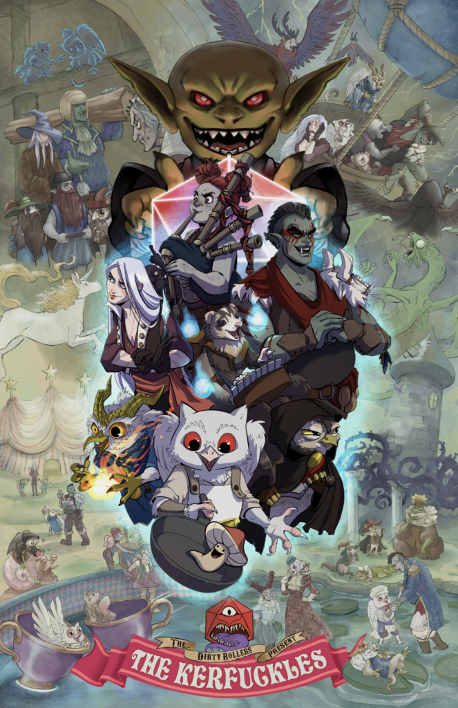 A large collage showing a cast of D&D characters while different scenes from their adventures are depicted behind the crew.