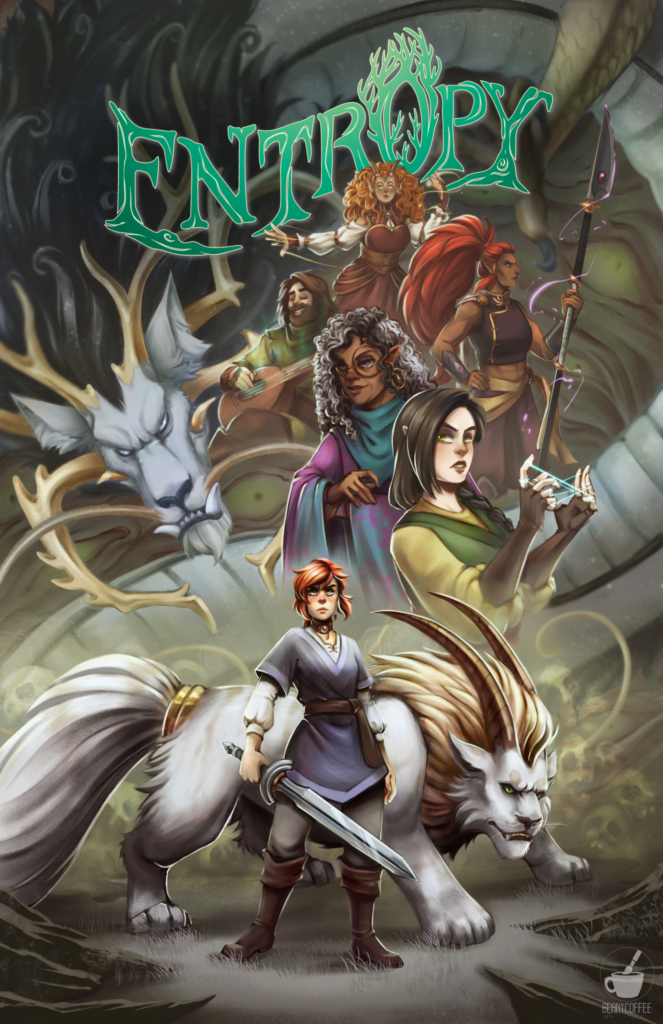 A cast of characters with the Entropy logo up top, The main character stands at the bottom with a lion creature. Several characters are stacked on the right and a large serpentine dragon winds throughout